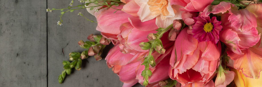 Bouquet of flowers in shades of pink and coral.