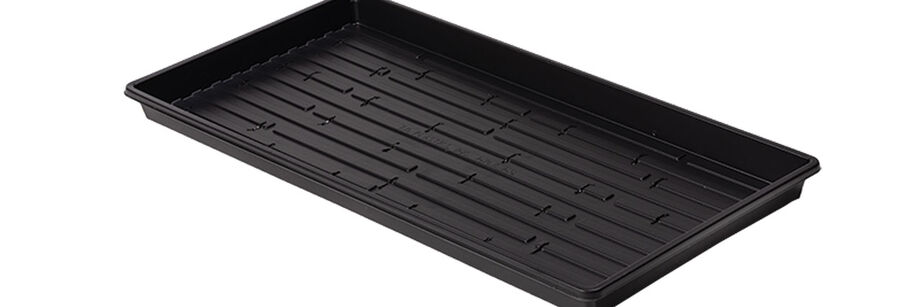 A black plastic tray for use in starting garden seeds.