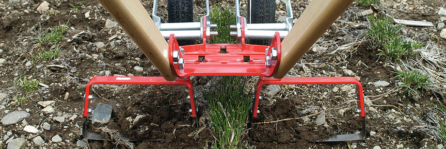 A Glaser double wheel hoe cultivating both sides of a row of chives.