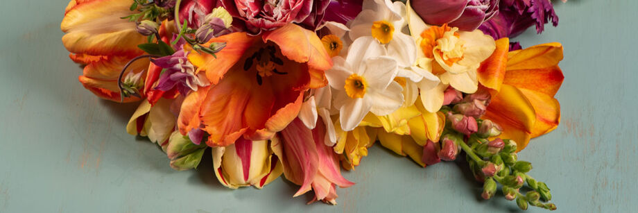 A bouquet of flowers with variegated coloring in coral, yellow, purple, cream, and white.