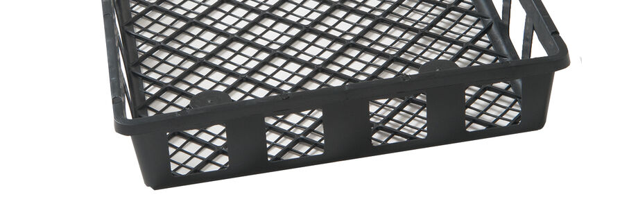 A single black plastic mesh seedling tray.
