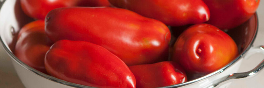 Red, oblong paste tomatoes shown in a bowl.