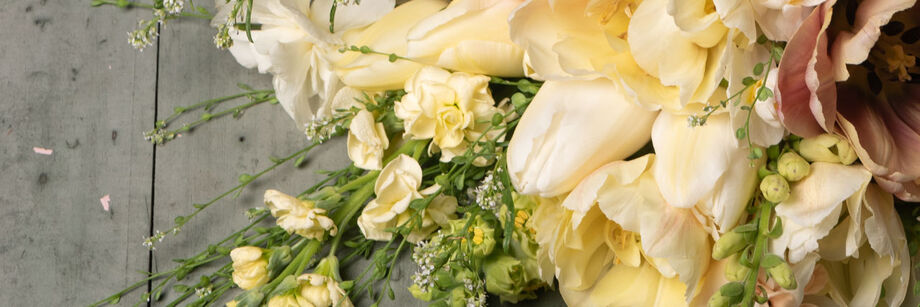 Bouquet of flowers in shades of ivory and cream.