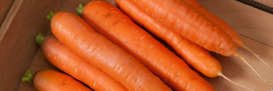 Bolero orange storage carrots in a wooden box.