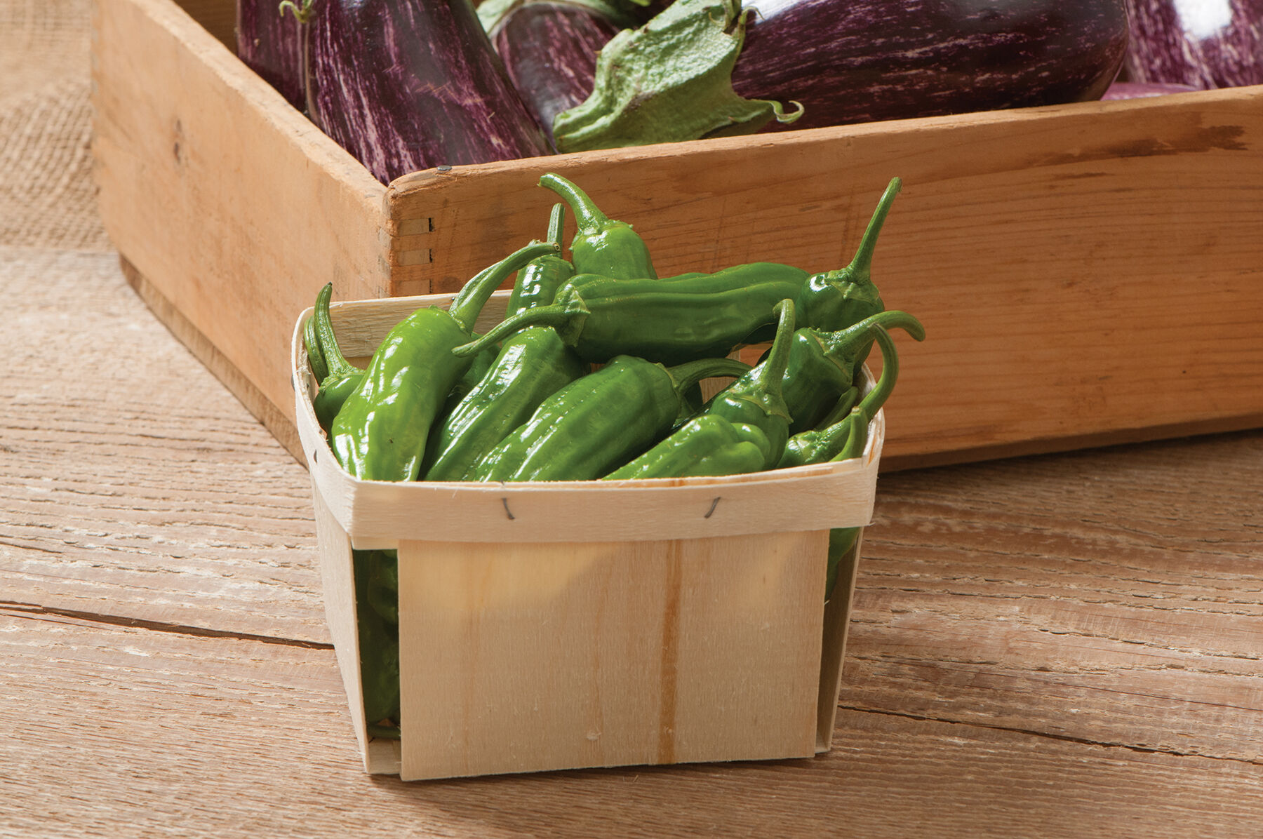 Quart-sized container of Mellow Star Shishito peppers Sweet Peppers