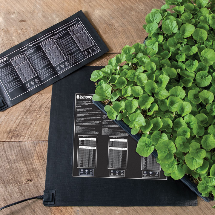 Heat Mats with a tray of green seedlings