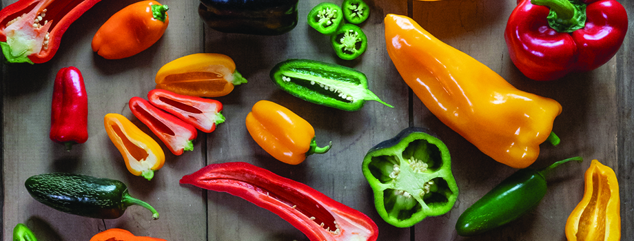 Hot peppers of various sizes and colors