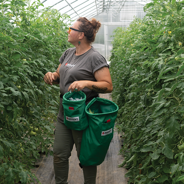 woman with harvest bags in greenhouse