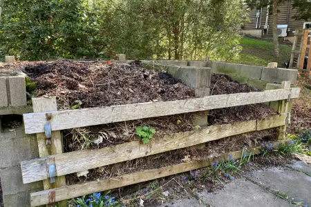 open pile compost heaps separated by pallets