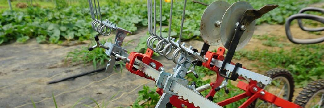 Terrateck Double Wheel Hoe, stacked, at a University of Maine Weed Ecology & Management student and intern training session