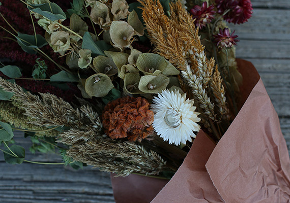 Bells of Ireland, strawflower, bupleurum & celosia