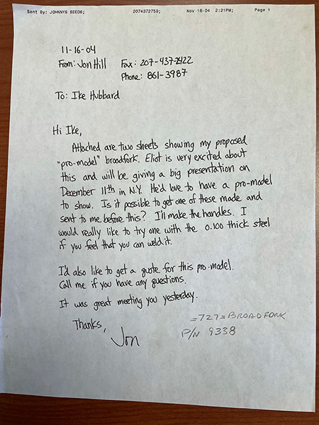 Fax from Jon Hill to Ike Hubbard regarding the 727 Broadfork