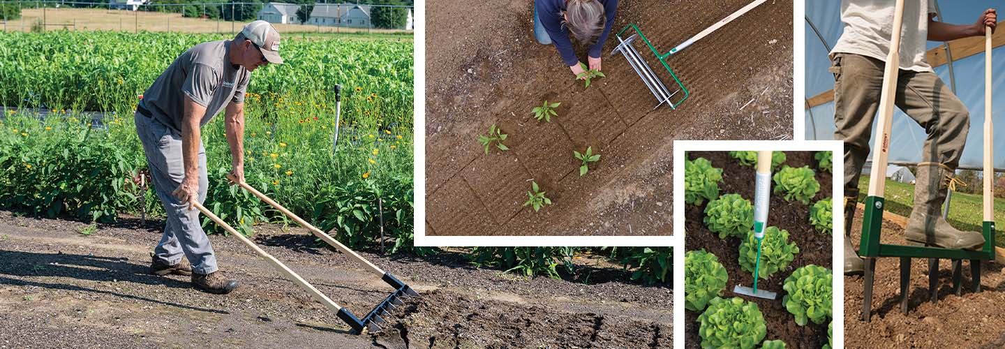 A collage of broadforks and Connecta tools being used in the field